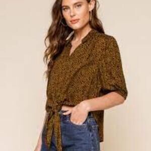Free People Celia Leopard Animal Print Button Tie Front Blouse Top Medium